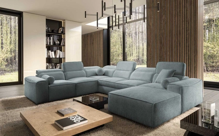 Ecksofa mit Schlaffunktion Viano VIII grau blau rechts modernes Ecksofa mit interessantem Design Container für Bettzeug