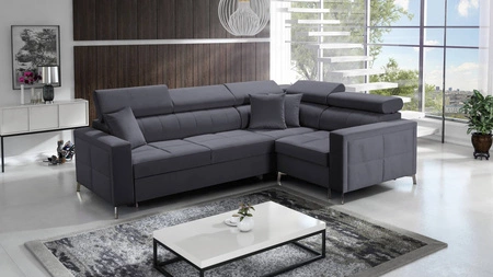 Nausa II Ecksofa mit Schlaffunktion aus graphitfarbenem Samt rechtes Ecksofa mit Ziernähten auf der Sitzfläche Ecksofa mit Koffer für Bettzeug