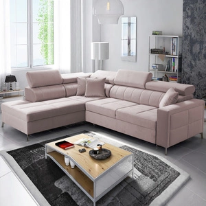 Ecksofa mit Schlaffunktion Nausa III puderrosa links Samt stilvolles bequemes Ecksofa verstellbare Kopfstützen Bettzeugcontainer