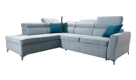 Ecksofa mit Schlaffunktion Rava III graphit links Samt komfortables Ecksofa mit verstellbaren Kopfstützen und einem Bettzeugbehälter