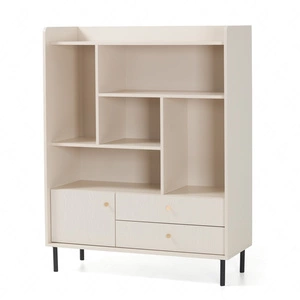 Bücherregal Ferdi 104 cm beige sand interessantes Design stilvolles Bücherregal mit Schubladen und abschließbarem Schrank hohe Oberkante