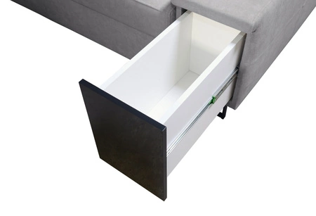 Ecksofa mit Schlaffunktion Alcamo III grau-braun/weiß links Funktions-Ecksofa mit einer Schublade in der Seite zwei Behälter für Bettzeug