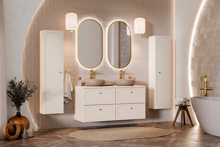 Waschtischunterschrank Donna Sand 60 cm beige stilvoller Schrank mit eleganten abgerundeten Fräsungen an den Schubladenfronten goldene Metallgriffe
