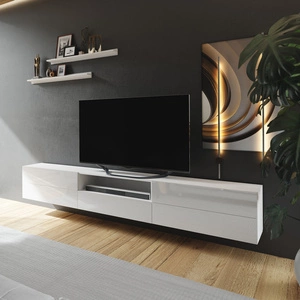 TV-Hängeschrank Lutra 258 cm weiß / weiß glänzend mit Einlegeböden stilvoller Design-TV-Schrank mit Hochglanzfronten