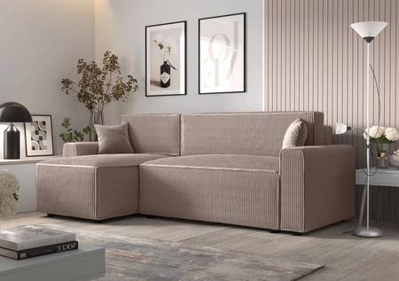 Ecksofa mit Schlaffunktion Brandon Bis hellbraun linke Ecke dreidimensionaler Stoff mit ausdrucksstarken Streifen Bettzeug Container