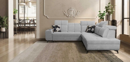 Ecksofa mit Schlaffunktion Buffalo IX grau Esche rechte Ecke Stilvolles Ecksofa für einen Raum aus Veloursstoff Zierkissen