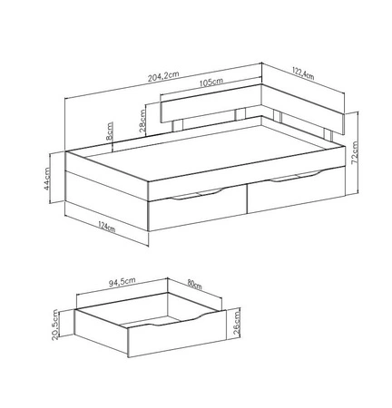 Bett mit Schubladen Epsilon 120x200 cm weiß / Beton modernes Design Bettumrandung mit speziellem ABS-Furnier verarbeitet