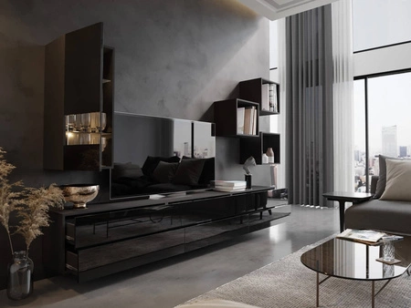 Hängeschrank Peritia schwarz / schwarz glänzend minimalistisches Design für Wohnzimmer oder Sitzungssaal push to open system