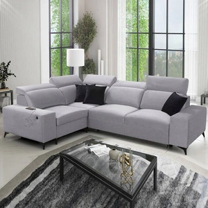 Ecksofa mit Schlaffunktion Kelly Sleek II grau Esche links elegantes Ecksofa für Wohnzimmer aus gewebtem Stoff
