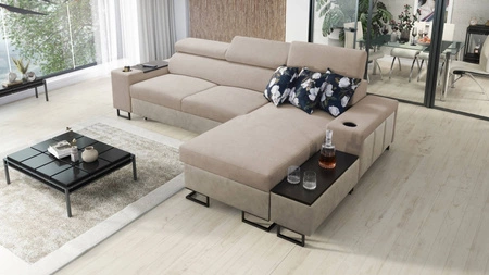 Ecksofa mit Schlaffunktion Flavio beige / beige Öko-Leder rechts elegantes Ecksofa mit einer seitlich öffnenden Verlängerungsstange