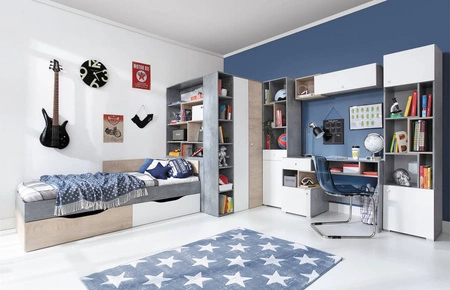 Epsilon Möbelset Beton / Weiß / Eiche ideal für ein Jugend- oder Kinderzimmer im trendigen Stil