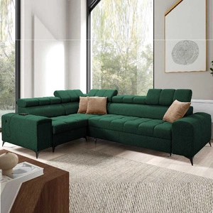 Ecksofa mit Schlaffunktion Bolmso II grün links Ecksofa mit Bettzeugcontainer Vollauszug in der Seite des Möbels