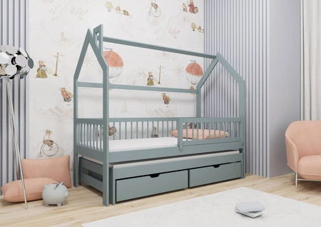 Dyzio Kinderbett 80x170 cm grau 2-Personen-Ausziehbett für Kinderzimmer Holzhüttenbett mit geräumigen Schubladen
