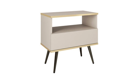 Luxuriöser beigefarbener Nachttisch mit Schublade eleganter Designschrank mit goldener Zierleiste Schrank auf schwarzen Metallbeinen