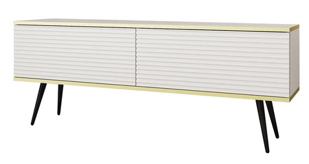 TV-Schrank Luxury 135 cm weiß elegantes Design stilvolle geriffelte Front Korpus mit goldener Zierleiste schwarze Metallbeine gekrönt