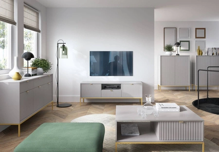 Couchtisch Lovro grau mit Schubladen modernes Design auslaufsichere Platte goldene Metallbeine