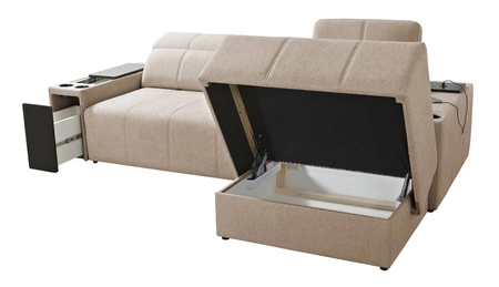 Ecksofa mit Schlaffunktion Tesalia grün rechte Seite modernes Design komfortable Schiebelehne Schublade in der Seite des Möbels