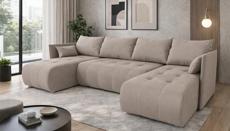 Ecksofa mit Schlaffunktion Selva U hellbeige Ein interessantes Ecksofa aus Stoff mit Plüschoberfläche