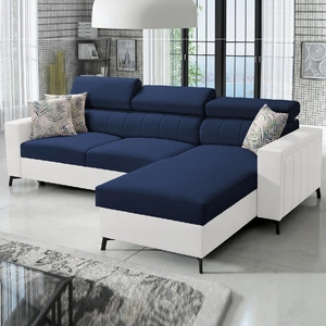 Ecksofa mit Schlaffunktion Savona blau / weiß rechts elegantes Ecksofa mit verstellbaren Kopfstützen Ziernähte