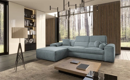 Ecksofa mit Schlaffunktion Viano grau blau links stilvolles Ecksofa mit interessanter Form verstellbare Kopfstützen Zierkissen