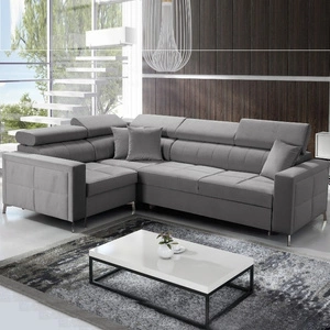 Nausa II Ecksofa mit Schlaffunktion grauer linksseitiger Samt Ziernähte auf der Sitzfläche Ecksofa mit Bettzeugbehälter