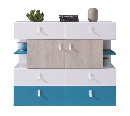 Kommode Niko 110 cm weiß / Eiche / marine ideal für das Jugendzimmer stilvoll und funktionell