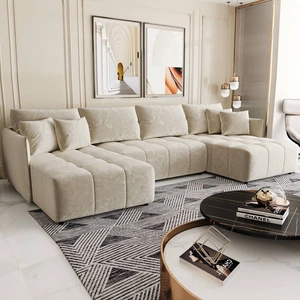 Ecksofa mit Schlaffunktion Oroso U beige Bettzeugcontainer weicher Samtstoff mit hydrophober Beschichtung dekorative Steppung