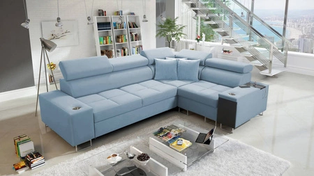 Ecksofa mit Schlaffunktion Dafni II blauer Samt rechtes Ecksofa mit Bettzeugablage Vollauszug