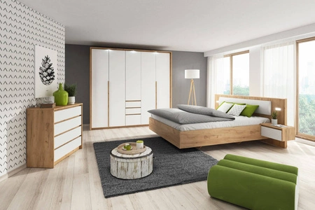 Schlafzimmer Möbel Set Novi Eiche Handwerk Gold / Weiß zeitloses Design Schlafzimmer Möbel Set mit Kleiderschrank LED Beleuchtung