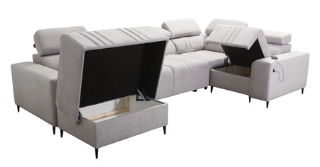 Ecksofa mit Schlaffunktion Castel IV grau-braun linksseitig stilvolles Ecksofa mit Bettzeugcontainer und verstellbaren Kopfstützen