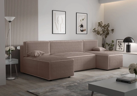 Ecksofa mit Schlaffunktion Brandon U hellbraun Bettzeugcontainer dreidimensional gestreifter Stoff