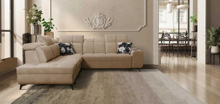 Ecksofa mit Schlaffunktion Buffalo IX dunkelbeige linke Seite stilvolles Ecksofa für Zimmer aus Velourstoff Zierkissen