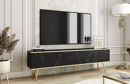 TV-Schrank Luxury 175 cm schwarzer Marmor eleganter Designkorpus mit goldener Zierleiste Schrank auf goldenen Metallbeinen