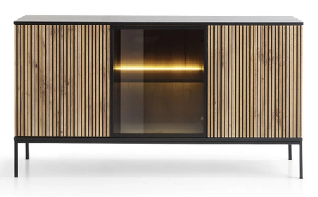 Kommode Amma 154 cm schwarz / Eiche wotan unkonventionelles Design verglaste Front mit Push-to-Open-System Deko-Latten