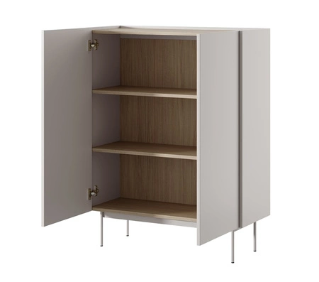 Vellore 97 cm hohe Kommode beige elegante Kommode mit abgesenkter Platte in Eiche Farbton Metallbeine grifflose Fronten