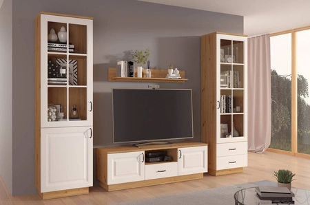 Scandi 60 cm Artisan Eiche / Weiß klassisches Design Sicherheitsglas Vitrine für Wohnzimmer mit Schubladen