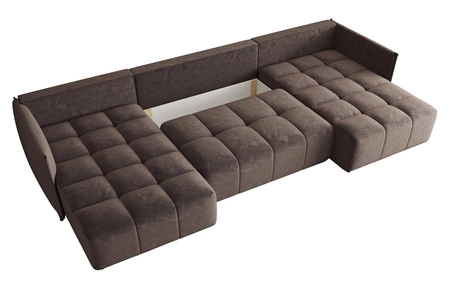 Ecksofa mit Schlaffunktion Oroso U hellbraun Bettzeugcontainer weicher Samtstoff mit wasserabweisender Beschichtung dekorative Steppung