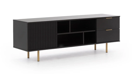 RTV Schrank Sula 150 cm schwarz elegantes Design dekorative geriffelte Front mit Push-to-Open-System Metall hohe Beine