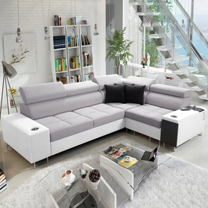 Ecksofa mit Schlaffunktion Dafni II Esche grau / weiß rechtwinklig geflochtenes Ecksofa mit Bettzeugschublade in der Seitenwand