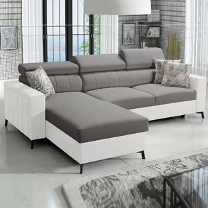 Ecksofa mit Schlaffunktion Savona grau / weiß links elegantes Ecksofa mit verstellbaren Kopfstützen Ziernähte