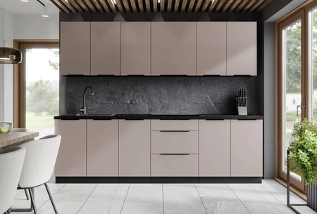 Tarraco 260 cm Küchenmöbel Set Metallkanten Griffe Schränke sehen toll aus in modernen Interieurs