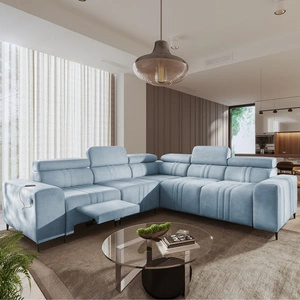 Ecksofa mit Schlaffunktion Castel III Lux blau links äußerst bequemes Ecksofa für das Wohnzimmer mit ausziehbarer Fußstütze