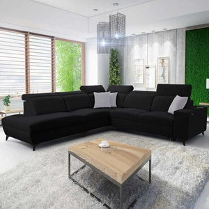 Ecksofa mit Schlaffunktion Kelly Sleek IX schwarz links elegantes Ecksofa mit bequemen Armlehnen und verstellbaren Kopfstützen