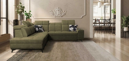 Ecksofa mit Schlaffunktion Buffalo IX olivgrün links stilvolles Ecksofa für Zimmer aus Velourstoff Zierkissen