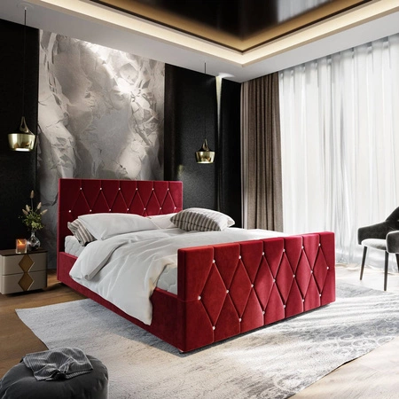 Polsterbett Tifton 180x200 kastanienbraun mit Stauraum in modernem Stil mit markantem Kopf- und Fußteil mit Kristallen verarbeitet