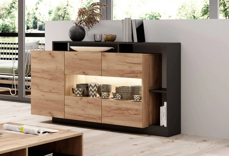 Kommode Elma 155 cm Eiche handwerklich gold / anthrazit modernes Möbeldesign Kommodenrand mit speziellem ABS-Furnier veredelt