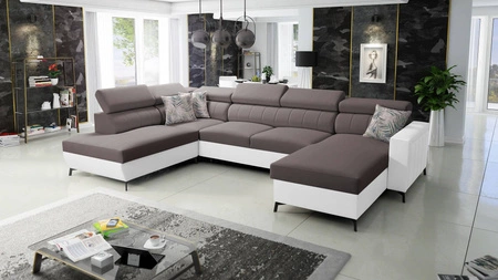 Ecksofa mit Schlaffunktion Savona VI braun / weiß rechts elegantes und bequemes Ecksofa für das Wohnzimmer zwei Container für Bettzeug 