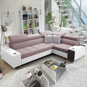Ecksofa mit Schlaffunktion Dafni II lavendelrosa/weiß rechtwinkliges geflochtenes Ecksofa mit Bettzeugschublade in der Seite