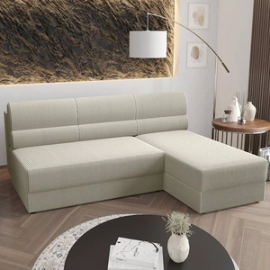 Ecksofa mit Schlaffunktion Fogu elfenbeinfarbenes, rechtsseitiges Ecksofa mit einfachem Design, bezogen mit einem Bettcontainer aus Kordstoff