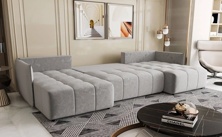 Ecksofa mit Schlaffunktion Oroso U hellgrau Bettzeugcontainer weicher Samtstoff mit wasserabweisender Beschichtung Ziersteppung